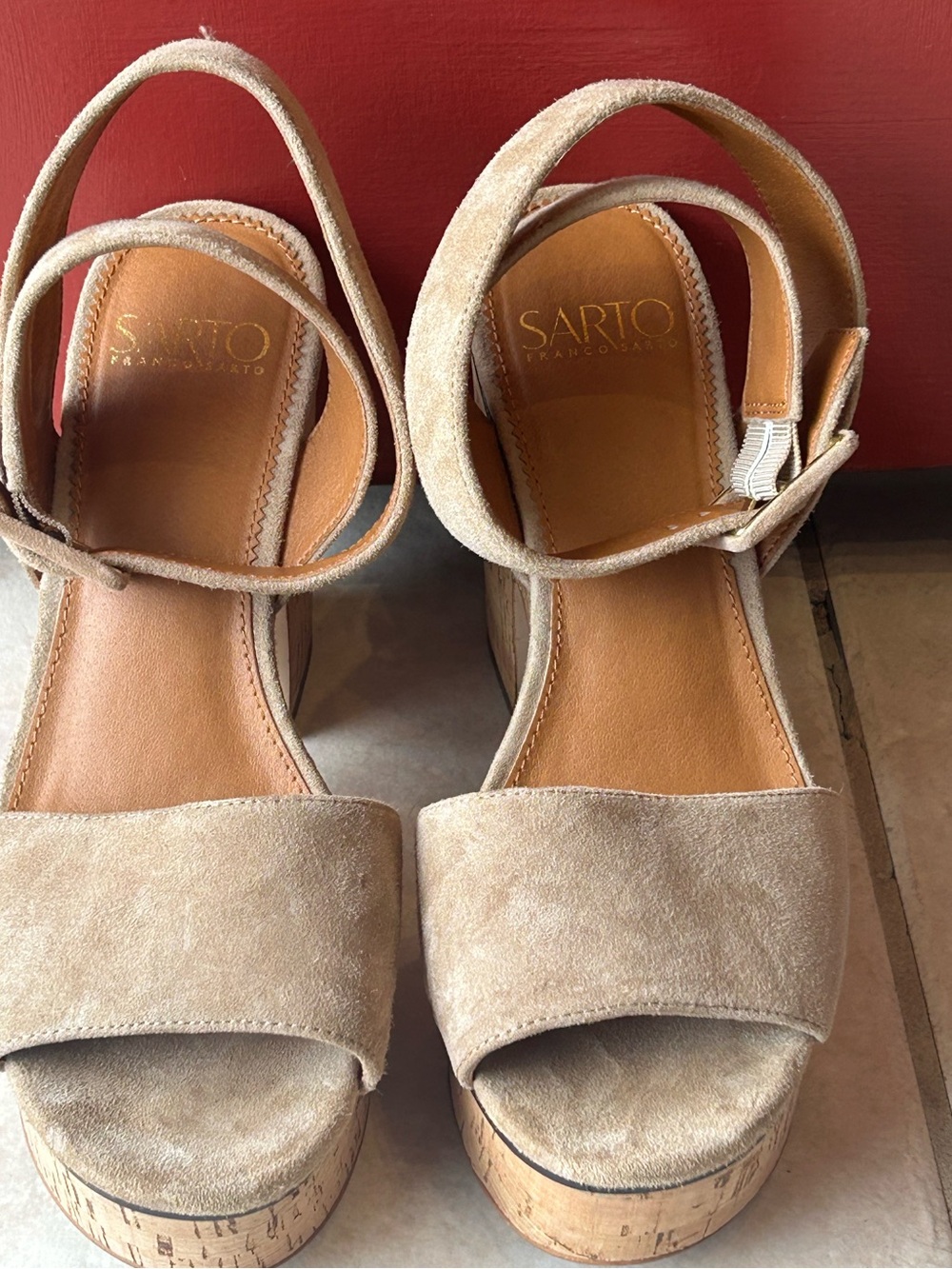 FRANCO SARTO s8 ‘Franny’ beige suede platform cork heels-look NEW-ankle strap